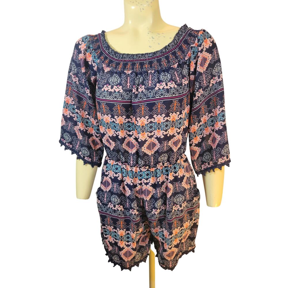 Altar'd State Romper 90's Y2K Beach Navy Blue Pink Tribal Print 3/4 Sleeve Small